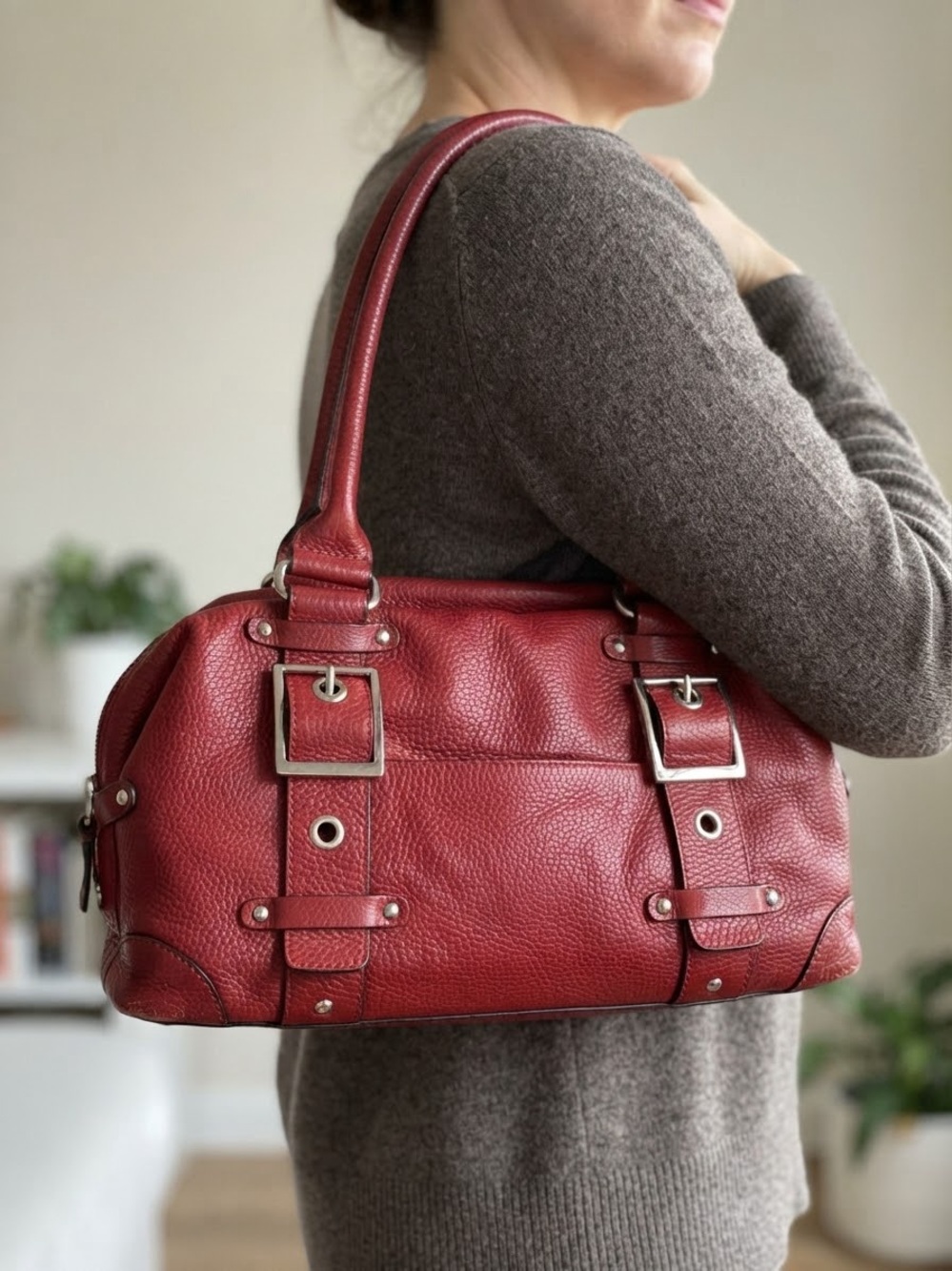Wilsons Leather Italian Leather Red Buckle Shoulder Bag